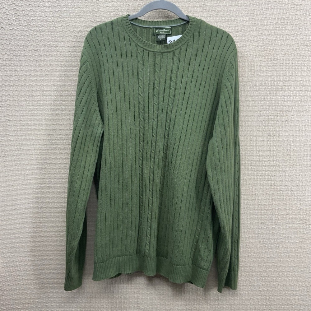 Eddie Bauer Cable Knit Sweater Cotton Cashmere Mens L Tall ForestGreen Crew Neck